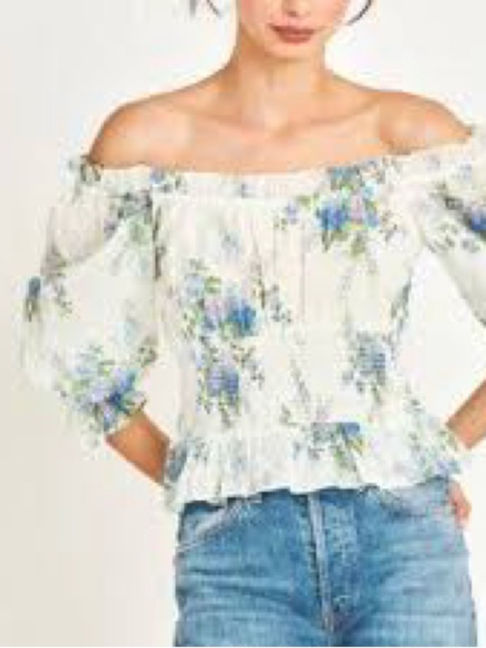 LoveShackFancy Off-the-Shoulder Floral Blouse in White and Blue